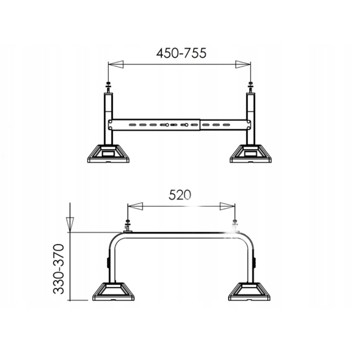 Castel Engineering FF-755 állítható alap hőszivattyúkhoz, méretek 755x520mm, állítható magasság 330-370mm, maximális terhelhetőség 360kg, fekete szín