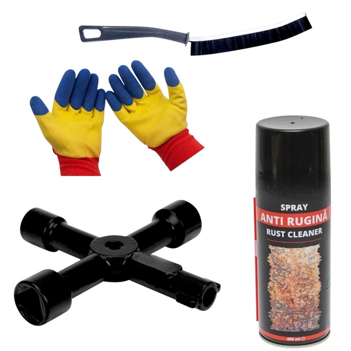 Cheie multifunctionala tip 4 in1, rotund 6mm/triunghiular 10 mm/ patrat 8mm/ patrat 10 mm, pentru camine utilitati, 72x72 mm cu Spray anti rugina, 400 ml si Perie ingusta, 23 cm/Set manusi protectie
