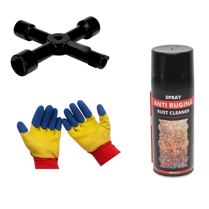 Cheie multifunctionala tip 4 in1, rotund 6mm/triunghiular 10 mm/ patrat 8mm/ patrat 10 mm, pentru camine utilitati, 72x72 mm, aliaj cu Spray tehnic anti rugina, 400 ml/Set manusi protectie, latex