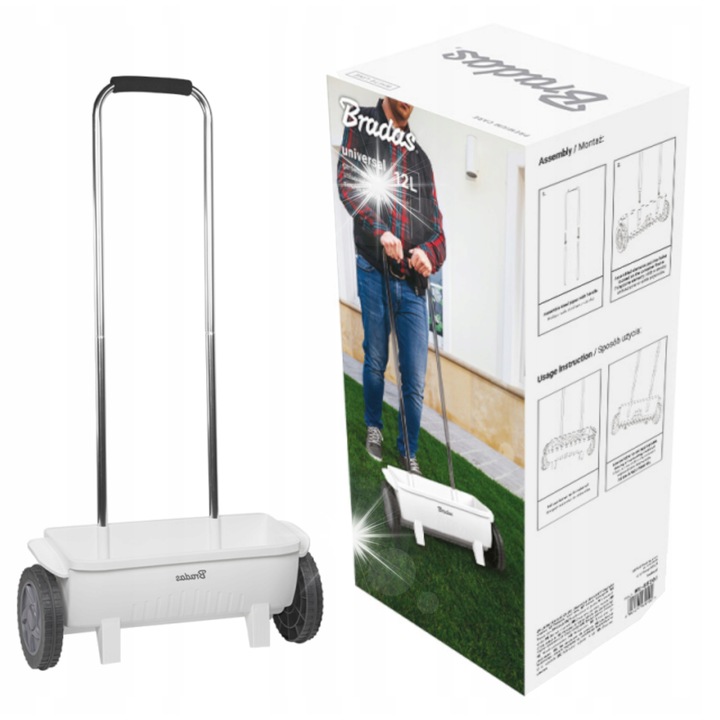 Distribuitor manual gradinarit Bradas 12L, alb, latime de lucru 45cm, dimensiuni 57x110cm