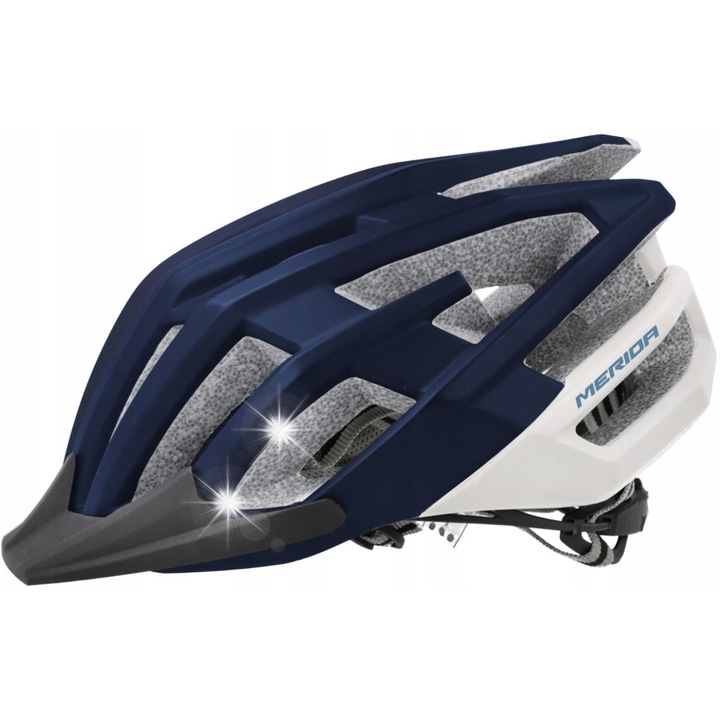 Спортна каска Merida Buzz, L (58-61 см), синьо/бяло, In-Mold технология, Progressive Lock система, 23 вентилационни отвора