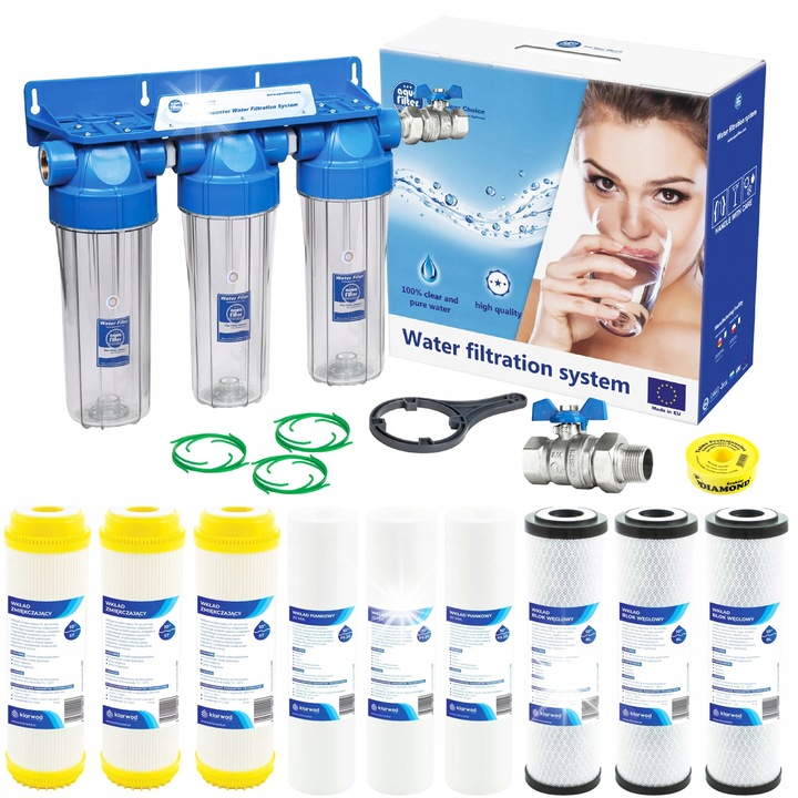 Станция за филтриране на вода 3/4" Aquafilter FHPRCL34-B-TRIPLE, пълен комплект, 3 омекотяващи патрона 10", 3 полипропиленови патрона 10" 20 микрона, 3 карбонови патрона, 2 крана с аератор, 2 месингови нипела, 15м уплътнителна лента