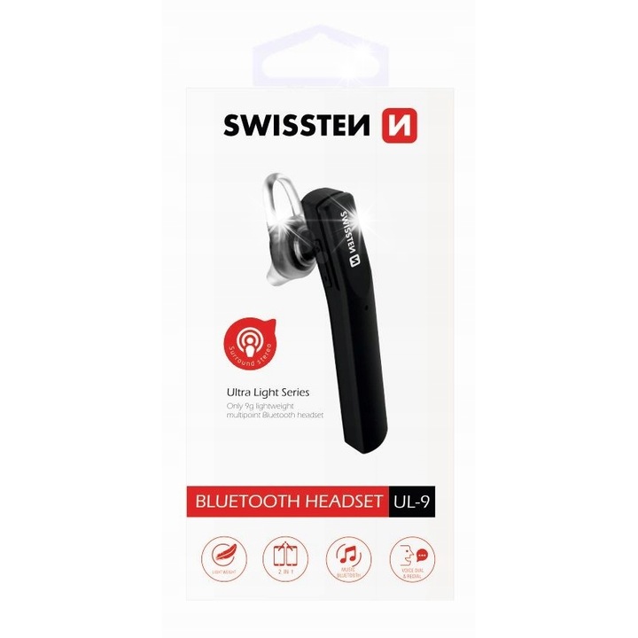 Swissten UL-9 vezeték nélküli fülhallgató, Bluetooth, fekete, 10m, 4 óra beszélgetési idő
