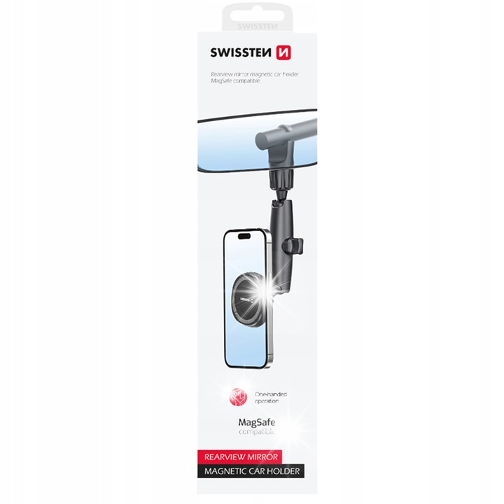Mágneses autós tartó tükörre, Swissten, MagSafe kompatibilis, egyedi rögzítés, univerzális, 4,12-36,3mm
