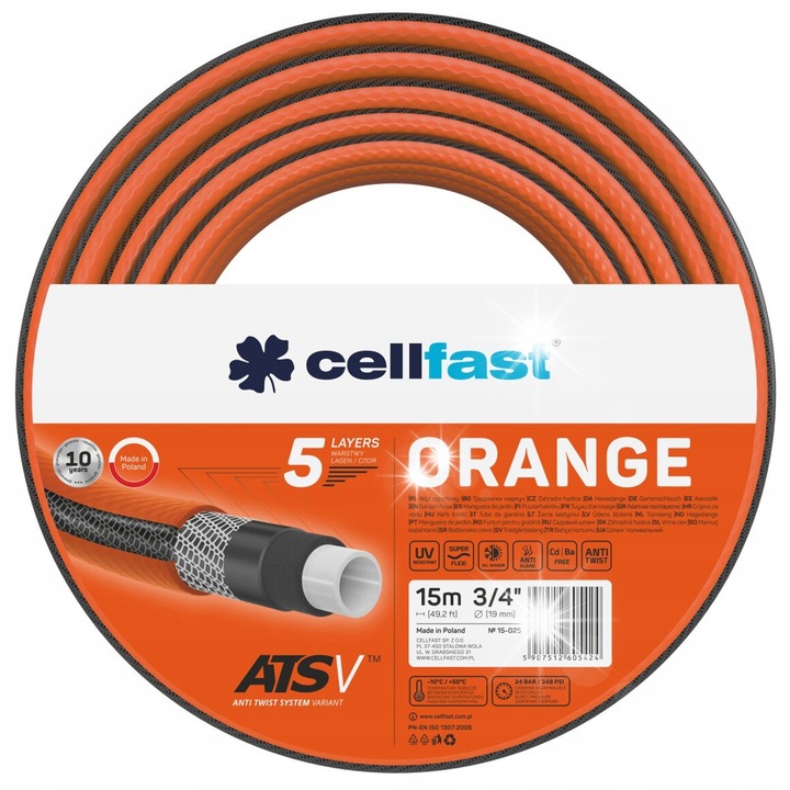 Cellfast kerti tömlő 3/4'' 15m, 5 rétegű, UV-álló, narancssárga