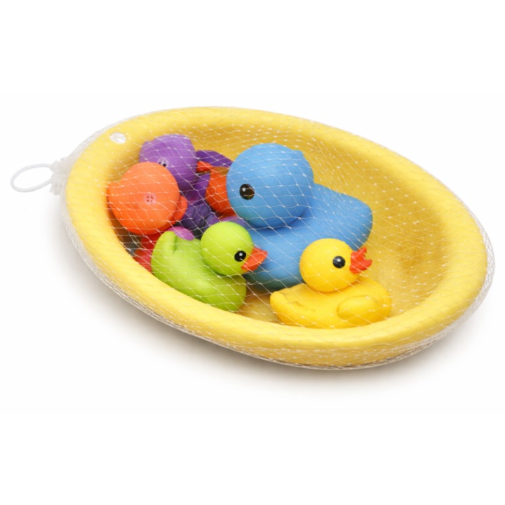 Set Jucarii pentru Baie PinkBlue – 8 Ratuste Colorate cu Piuit si Barcuta Galbena, 9 Piese