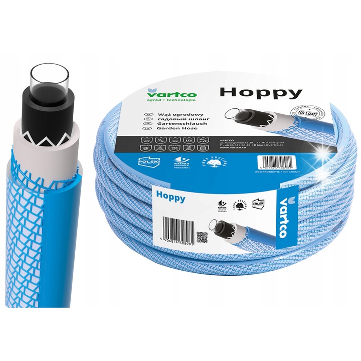 HOPPY kerti tömlő, Vartco, 6 rétegű, 3/4", 50m, fekete-fehér, UV-álló