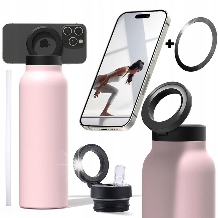 Термос 2в1 с MagSafe, 750мл, розов, SmartGuard, включва стойка за телефон