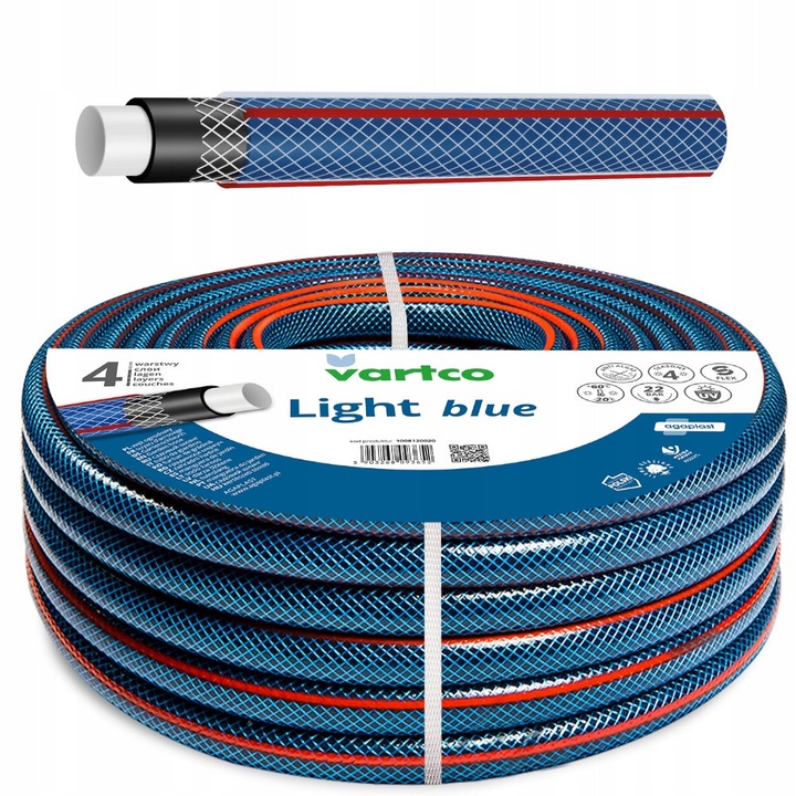 Vartco Light Blue kerti tömlő, 4 rétegű, rugalmas, UV-álló, átlátszó kék, 1", 20 m