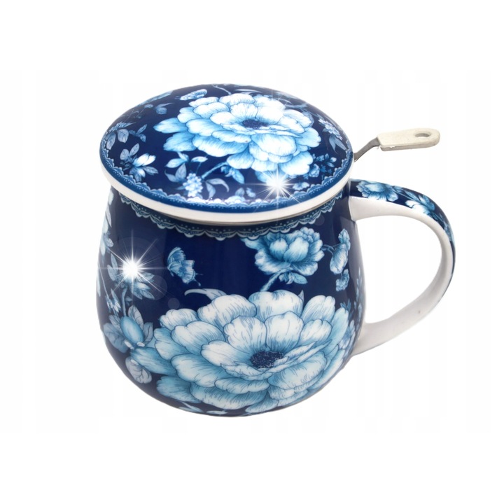 Porcelán bögre infúzorral, Queen Isabel Blue Rose, 450ml, fehér kékkel, szett