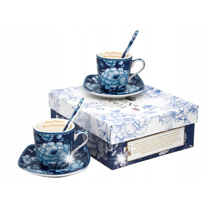 Set 2 cani espresso Queen Isabell, 80ml, flori, albastru