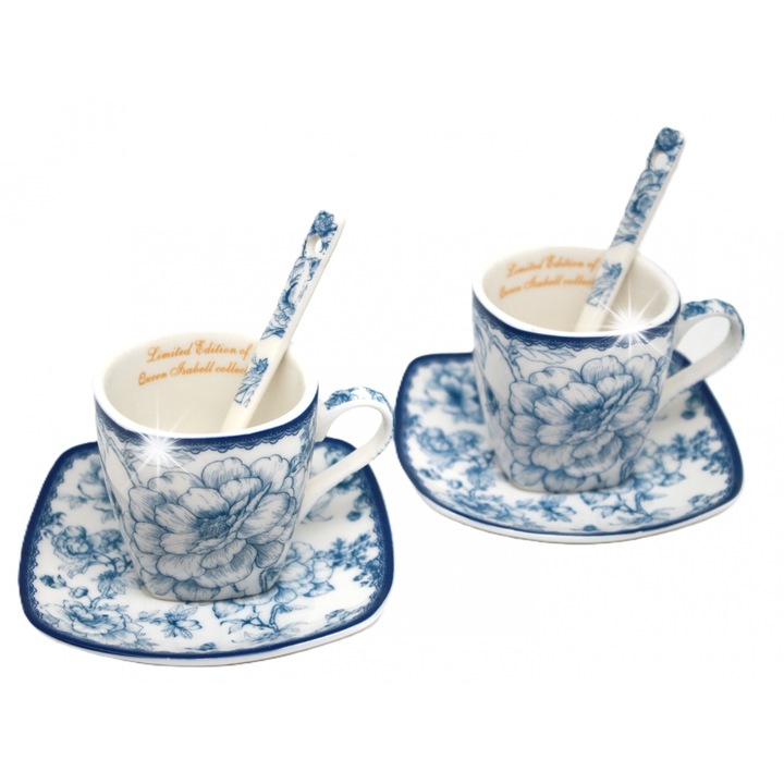 Set 2 cani espresso Queen Isabell, 80ml, portelan, albastru/roz, cu farfurii si lingurite