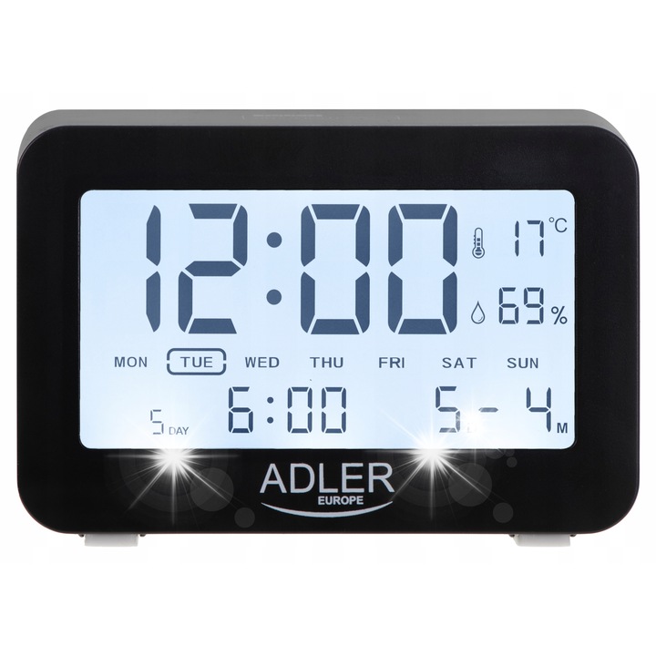 Ceas decorativ cu alarma Adler AD 1196B, alb, 3 setari alarma, afisaj iluminat