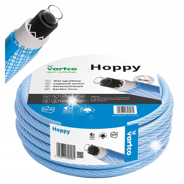 Градински маркуч Vartco Hoppy 3/4'' 30M, 6 слоя, UV устойчив, еластичен