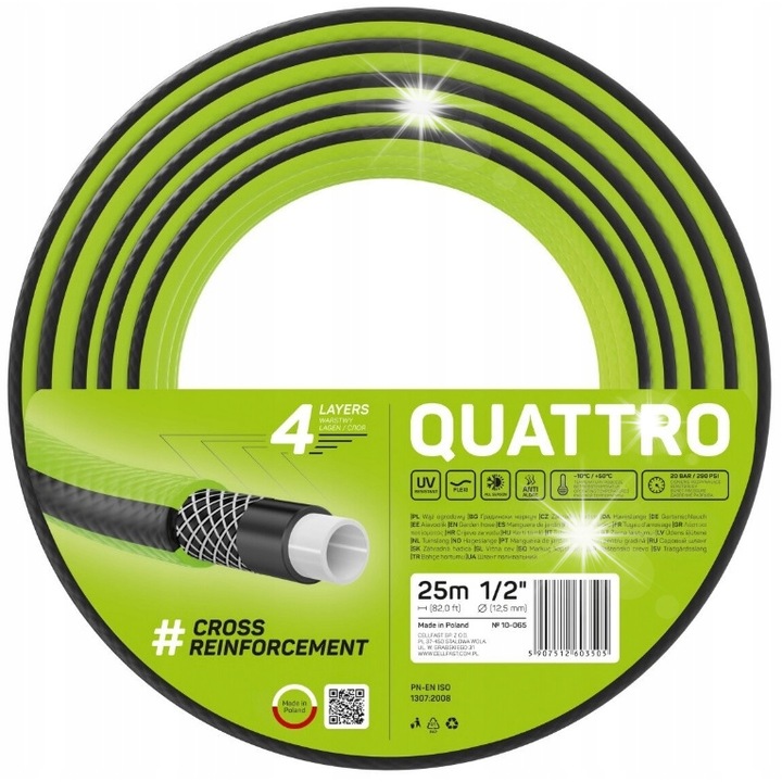 Cellfast Quattro kerti tömlő 1/2" 25m, 4 rétegű, UV-álló