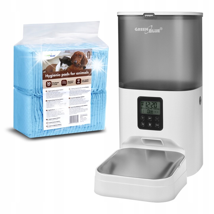 Dispenser automat de hrana pentru caini si pisici GreenBlue, 6L, alb, set cu 50 de suporturi igienice 40x60cm
