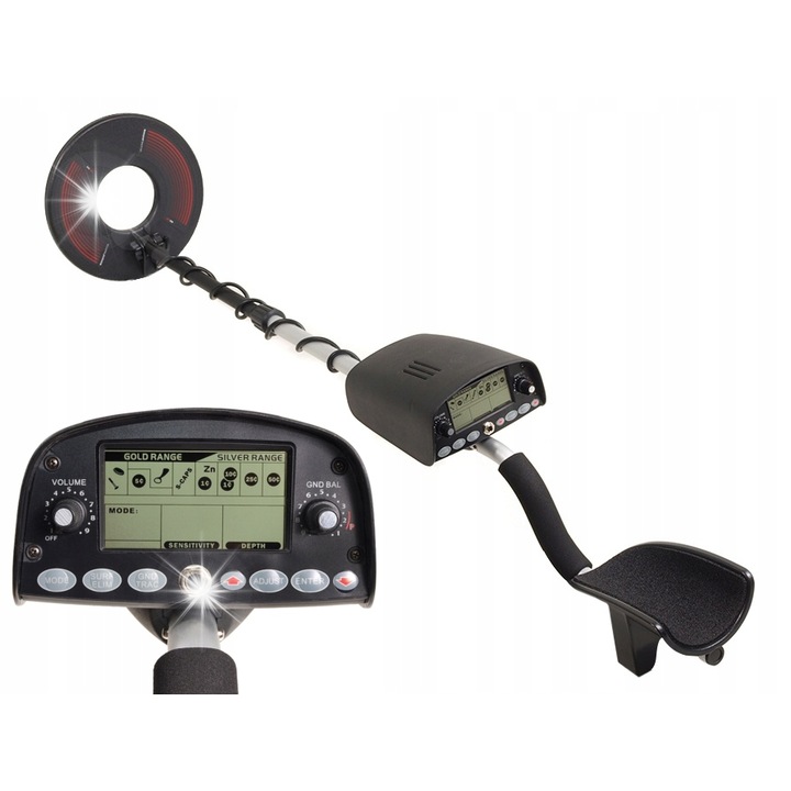 Maclean MCE930 LCD fémdetektor, vízálló szonda 9,5" (24cm), dinamikus/statikus mód, komplett készlet