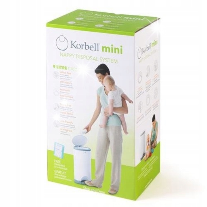Контейнер за пелени Korbell Mini 9л, 1 резервна торба, ABS, 265x185x435мм