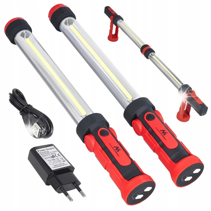 Работна лампа Maclean MCE230 LED XXL COB комплект 2 бр., 10W, 1200lm, черно-червено, USB