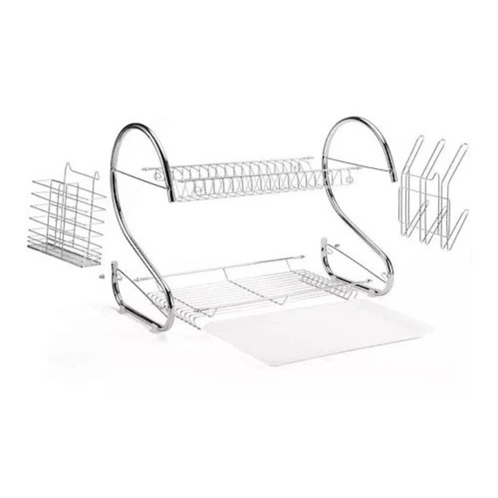 BEST PICK® Emeletes Edényszárító, Prémium Rozsdamentes Acél, Korrózióálló, Pohár- és Evőeszköztartóval, Csepegtetőtálcával, 36 x 38 x 25 cm