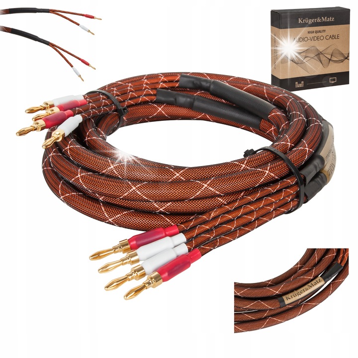 Kruger&Matz hangszórókábelek, 3m, 2 db-os készlet, aranyozott banándugókkal, nylon