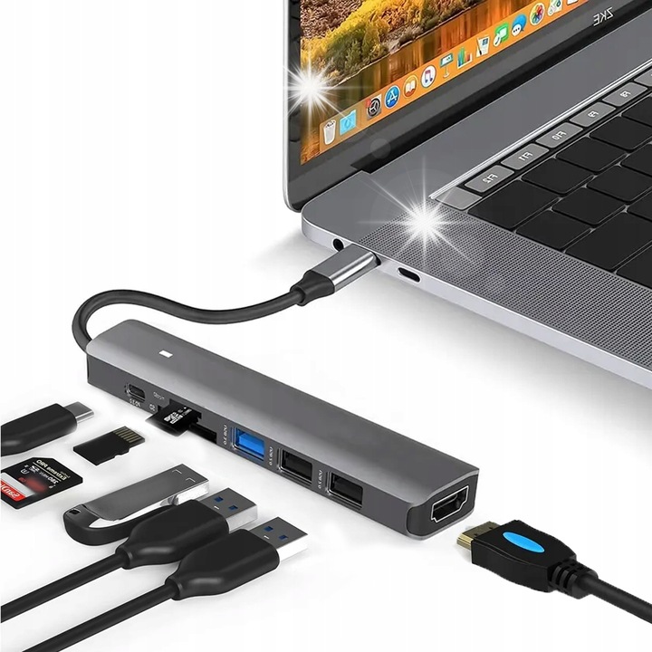 HUB USB-C 7 az 1-ben, HDMI 4K, USB 3.0, SD, Power Delivery 100W