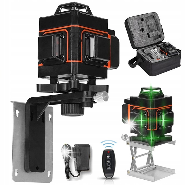 Poziomica laser 4D 360, 16 linii, neagra, dimensiuni 125x103x132mm, set complet