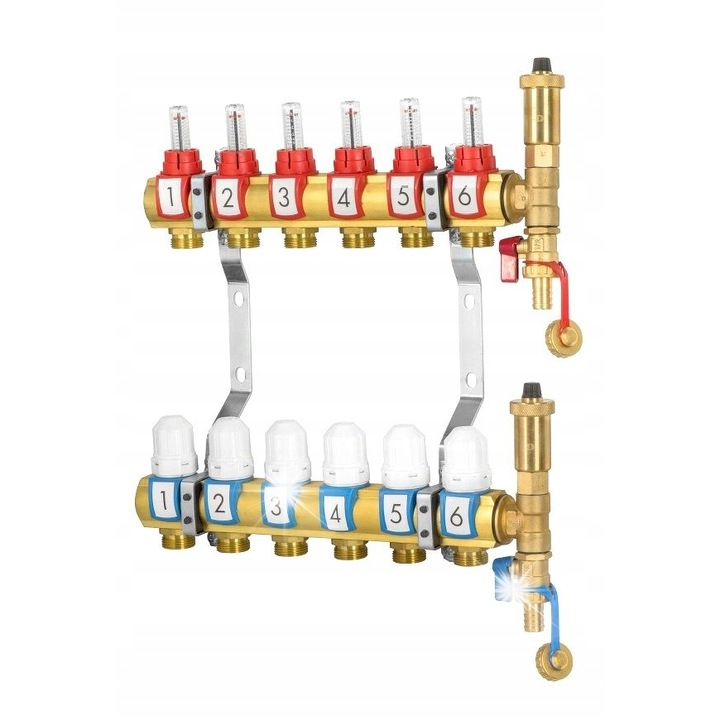 Distribuitor de incalzire in pardoseala Diamond, 6 circuite, cu supape termostatice, dimensiune 1"