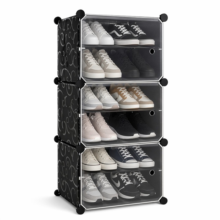 Ruhhy moduláris cipőtartó, 6 szintes, 3 modul, átlátszó ajtók, akasztóval, könnyű összeszerelés, 93 x 44 x 31.5 cm, PP + ABS + fém, Fekete