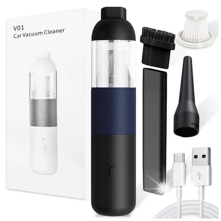 Aspirator auto mini fara fir, 120W, 3 capete, putere mare, compact, negru