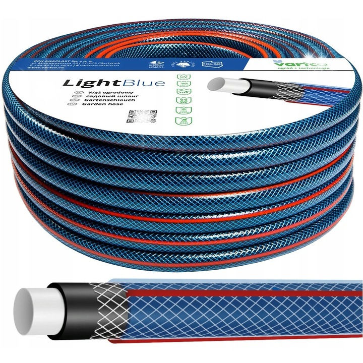 Комплект маркуч за градина Vartco 50м 1/2", 4 слоя, светлосин + количка за маркуч 45м + многофункционален пистолет с конектори