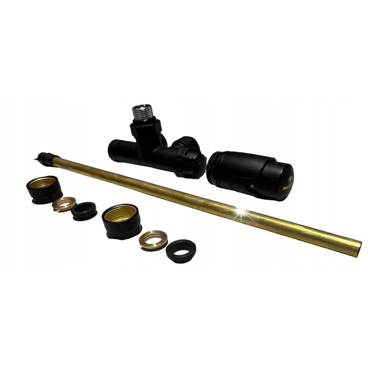 Set termostatic cu un singur orificiu Diamond, set cu conectori PEX 16mm si cupru 15mm, 1/2", 50mm, negru/auriu