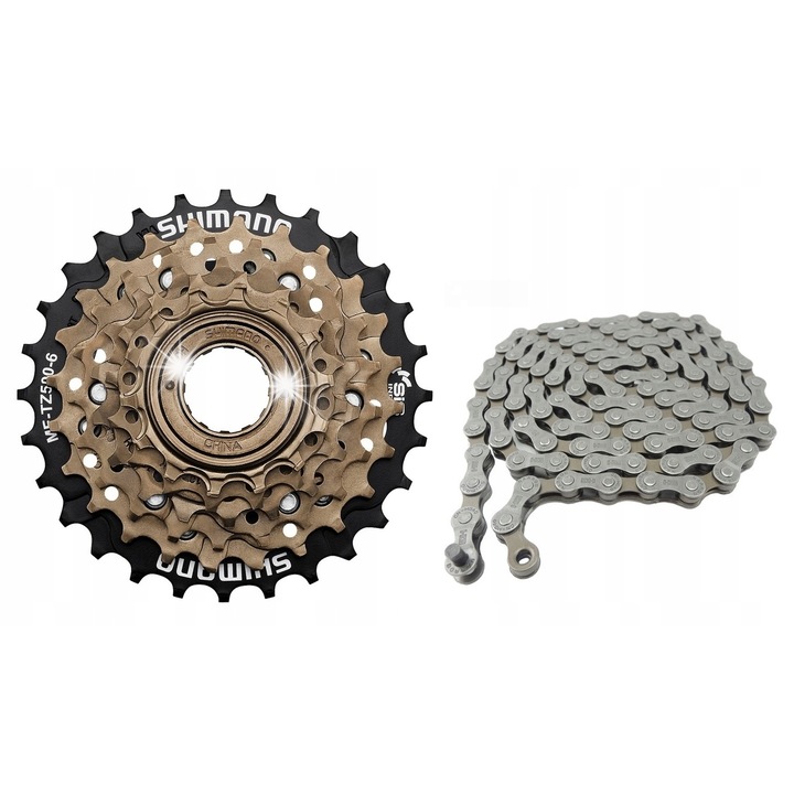 Комплект пиньони Shimano MF-TZ500 14-28, 6 скорости + верига HG40, 114 звена