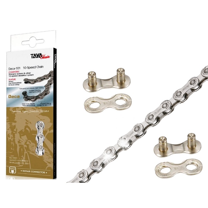 Lant bicicleta Taya DECA-101, 10 viteze, 116 linkuri, argintiu, set cu 2 conectori