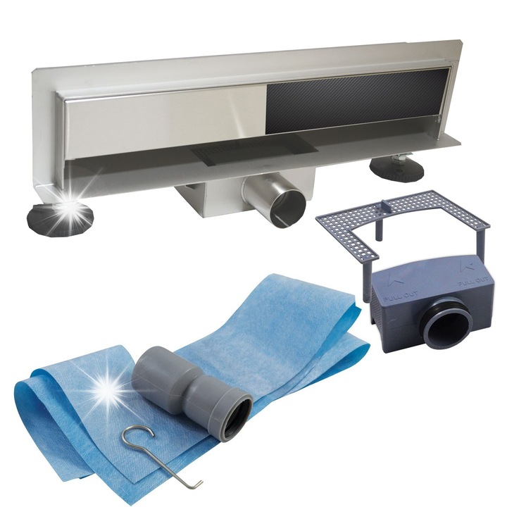 Sistem de scurgere Estiva Just Wall 60 cm, inox, complet cu sifon si accesorii, 60x5,8cm