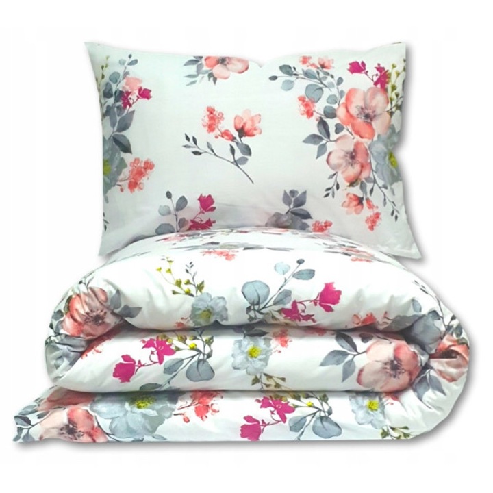 Set lenjerie de pat, 220x200cm, 2x70x80cm, 100% bumbac, flori