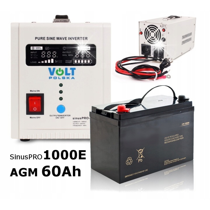 Sürgősségi UPS Volt SinusPRO-1000 E 12V 700W, 230V, 60Ah, 337x146x170mm készlet