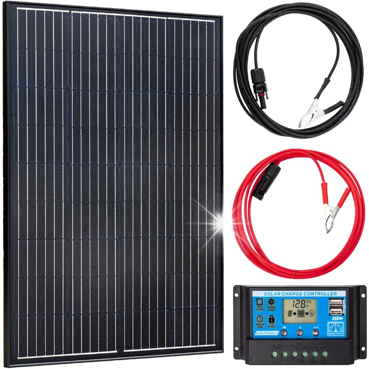 Fotovoltaikus készlet MAXX 100W, 10A szabályzó, kábelek, méretek 910x670x35mm, fekete szín