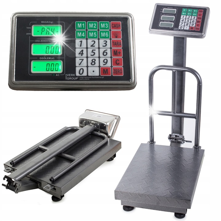 VERK GROUP kereskedelmi elektronikus mérleg, 100kg, 30x40cm, szürke, állvánnyal és LCD kijelzővel