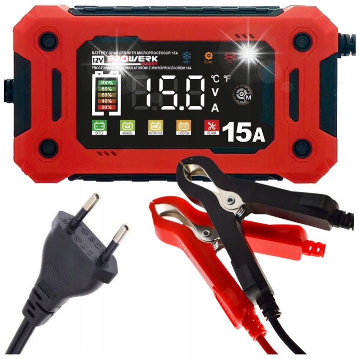 Зарядно за кола SENA Prowerk 15A, 12V, функция за ремонт, размери 175x90x67mm, тегло 0,78кг