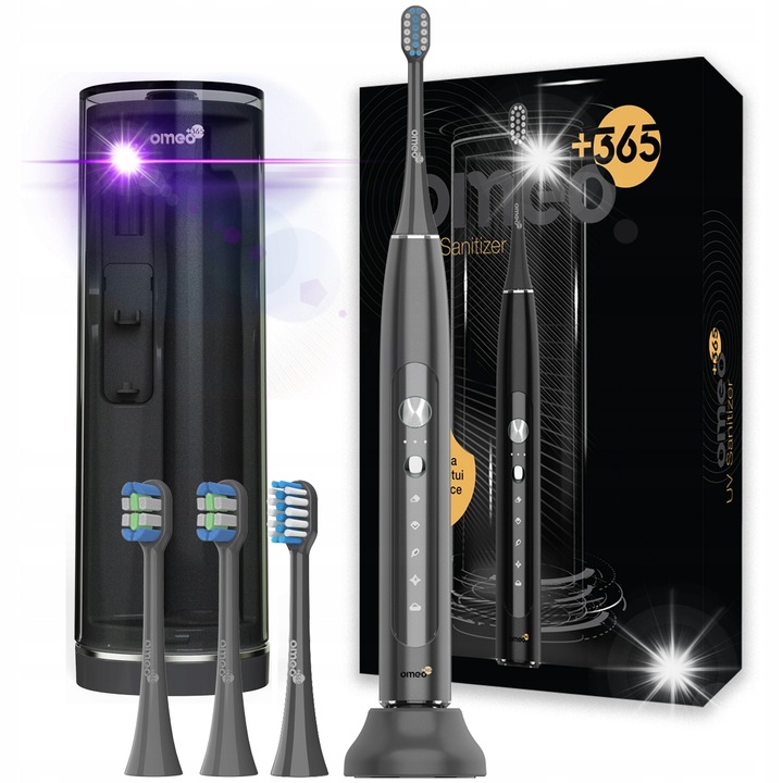 Електрическа четка за зъби, Omeo, модел UV Sanitizer, 5 програми, черна, комплект с 4 глави