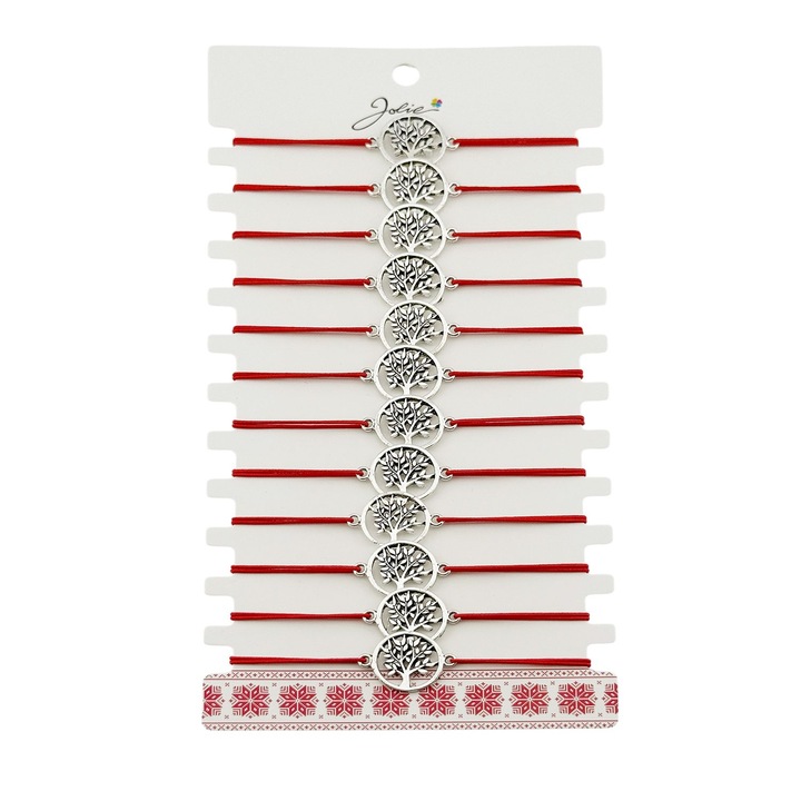 Martisor Rugalmas Karkötő Rozsdamentes Acél Medállal, Jolie, Női, 12 darabos szett, Piros Textil Zsinór, Életfa Minta