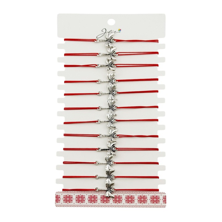 Martisor Rugalmas Karkötő Rozsdamentes Acél Medállal, Jolie, Női, 12 darabos szett, Piros Textil Zsinór, Szitakötő Minta
