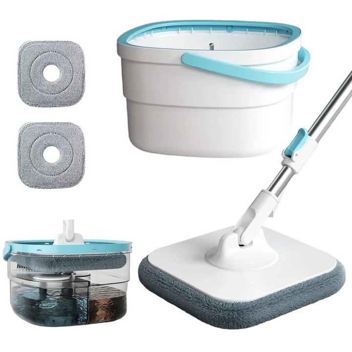 Set mop si galeata cu separare apa murdara si curata, 3 pad-uri din microfibra, utilizare umeda si uscata, maner ajustabil, pentru curatare eficienta.