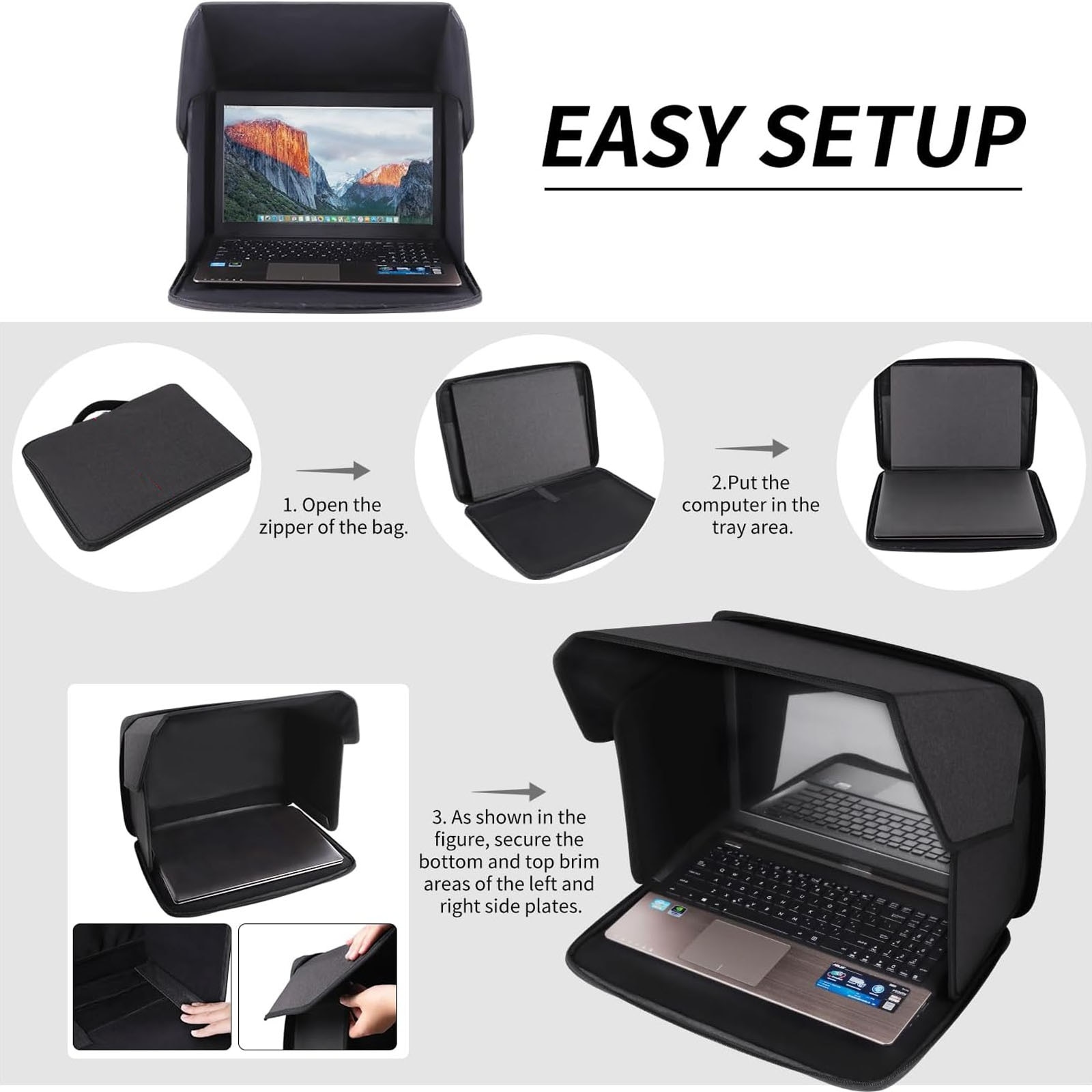 2 in 1 Husa laptop, AFKSMILE, Geanta pentru laptop, Husa usoara de protectie impotriva razelor solare si a privirilor curioase, ideala pentru lucrul in aer liber, Rezistenta la uzura, Portabila, Poliester, 26x35cm, Negru
