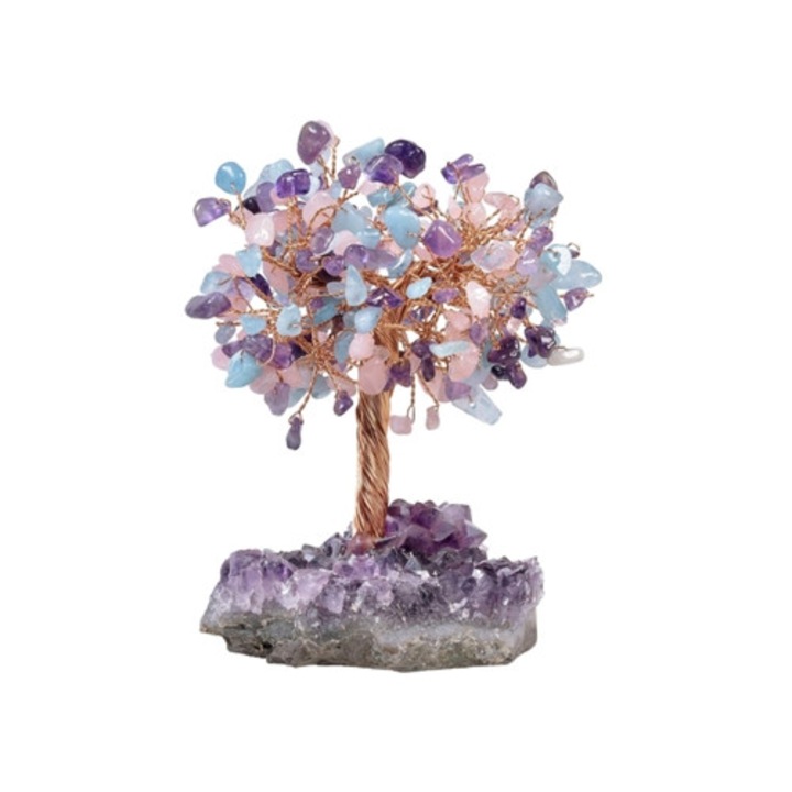 Copac de cristal din cuart roz, acvamarin si ametist - Decoratiune Feng Shui pentru masa