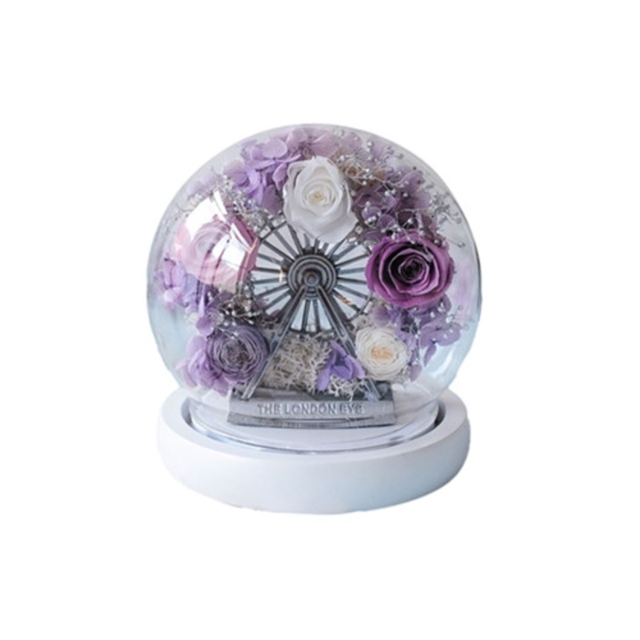 Aranjament floral rosu, roata Ferris, cupola sticla, cadou, 15x15x20cm
