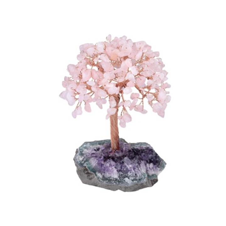Copac de cristal din cuart roz, acvamarin si ametist - Decoratiune Feng Shui pentru masa