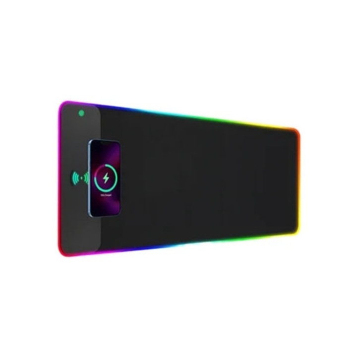 Mousepad RGB cu 4 moduri de iluminare, incarcare wireless 15W, negru, 300x800mm