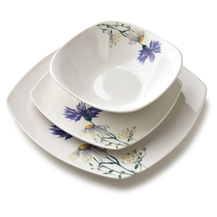 Set masa 18 piese, Lea Cornflower, portelan patrat, bol 500ml 16,5cm, farfurie desert 18cm, farfurie intinsa 24cm